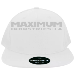 Decky-Flatbill-1040-White-with-Silver-Logo Order Custom Printed Hat | Unisex High Profile 5 Panel Cotton Trucker Decky Hat 1040